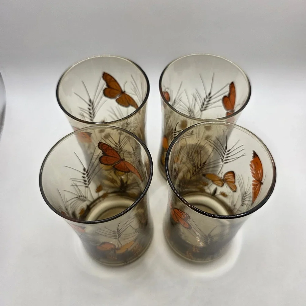 Vtg Libbey Smoked Glass Monarch Butterfly Wheat Tumblers Set of 4 Orange Brown